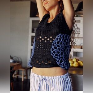 Zara Mixed Knit Navy Blue Crochet Sweater Vest Size S